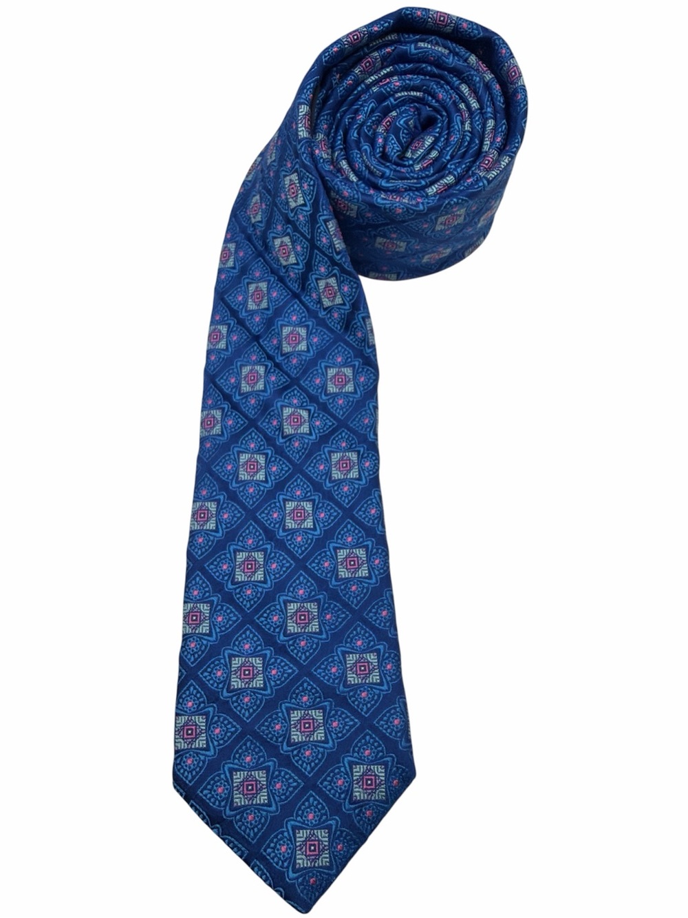 Ted Baker Royal Blue Pink Square Medallion Pattern 100% Italian Silk Skinny Tie